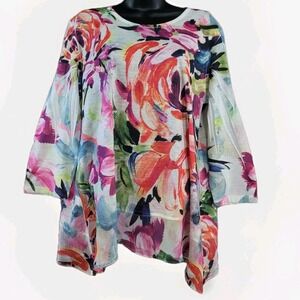 Jess & Jane Oversize Tunic Size L Abstract Floral Brushstroke Artsy 3/4 Sleeve